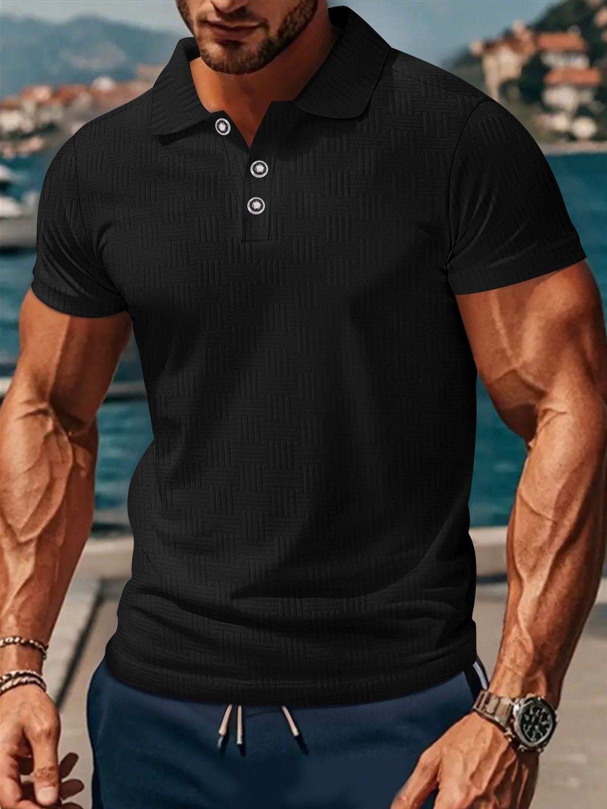 Men's Clothing Jacquard Breathable Casual V Neck Top Popular Buckle_viptrois.com