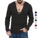 Men's Clothing Trend Spring And Autumn Deep V Neck Men's New Solid Color Knitted Long Sleeved Shirt_viptrois.com