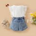 Foreign Trade Children's Clothing Fashion Children's Summer Clothing New Style Mesh Lace Sleeve Top Heart Denim Shorts Girls Suit_viptrois.com