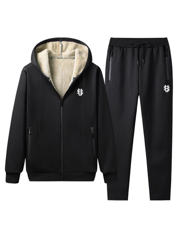 Men's Clothing Men's Autumn And Winter Hooded Zipper Lambskin Thick Warm Solid Color Sweatshirt Trousers Sports US Print Style_viptrois.com