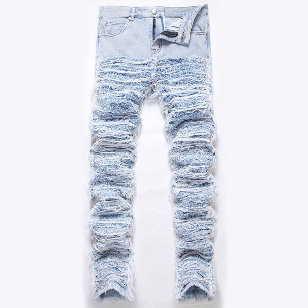 Men's trendy heavy-duty stacked loose trousers with tassels embroidered cut hair and mustache loose hem jeans for men_viptrois.com