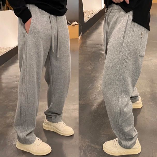 Men's Clothing 2025 Spring And Summer Solid Color Casual Pants Embossed Striped Straight Casual Versatile Loose Sweatpants_viptrois.com