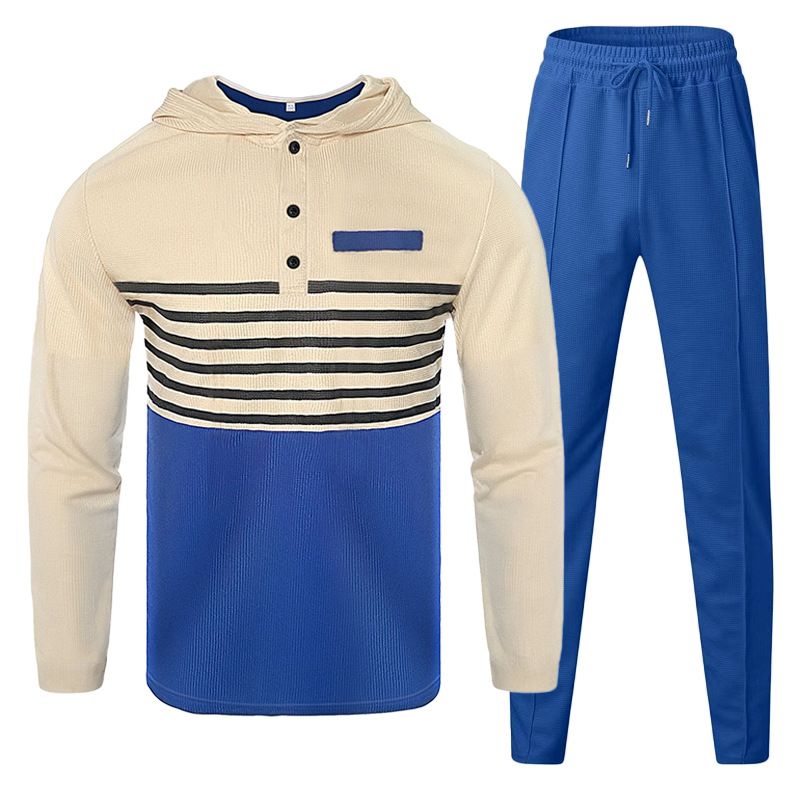 "Men's Waffle-Knit Hoodie & Jogger Set - Striped Casual Loungewear (S-3XL)"_viptrois.com