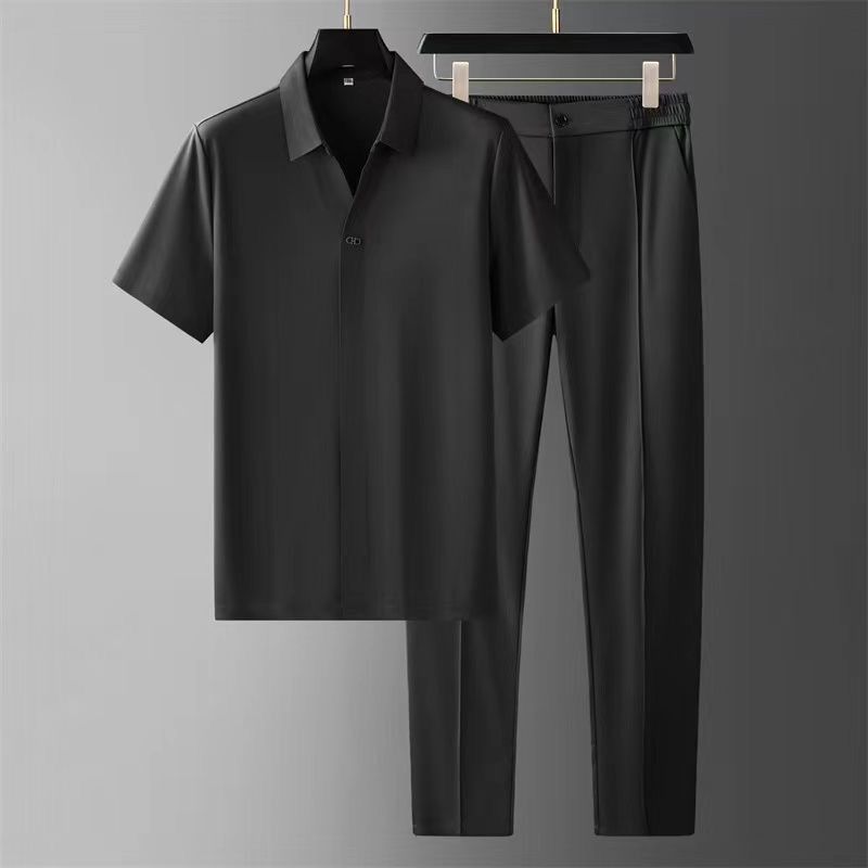 Men's Clothing Summer Ultra Thin Silky Ice Silk High End Seamless Glued Short Sleeved Shirt Suit Men's Business Casual Sports Two Piece Suit_viptrois.com