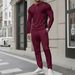 Men's Waffle-Knit Henley Shirt & Pants Set - Long Sleeve High Neck Dual-Button Casual Outfit For Fall (Khaki/White/Gray/Burgundy/Dark Green_viptrois.com