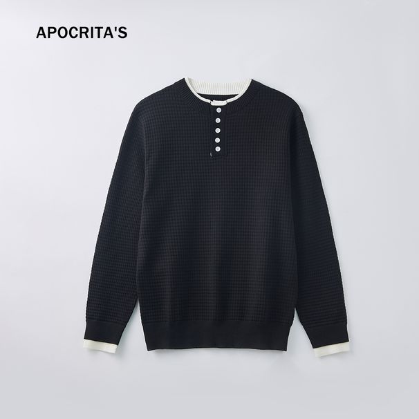APO Men's Clothing|Fake Two-Piece Sweater Men, Autumn Korean Style Slim Fit Half Open Collar Color-Block Long Sleeve_viptrois.com