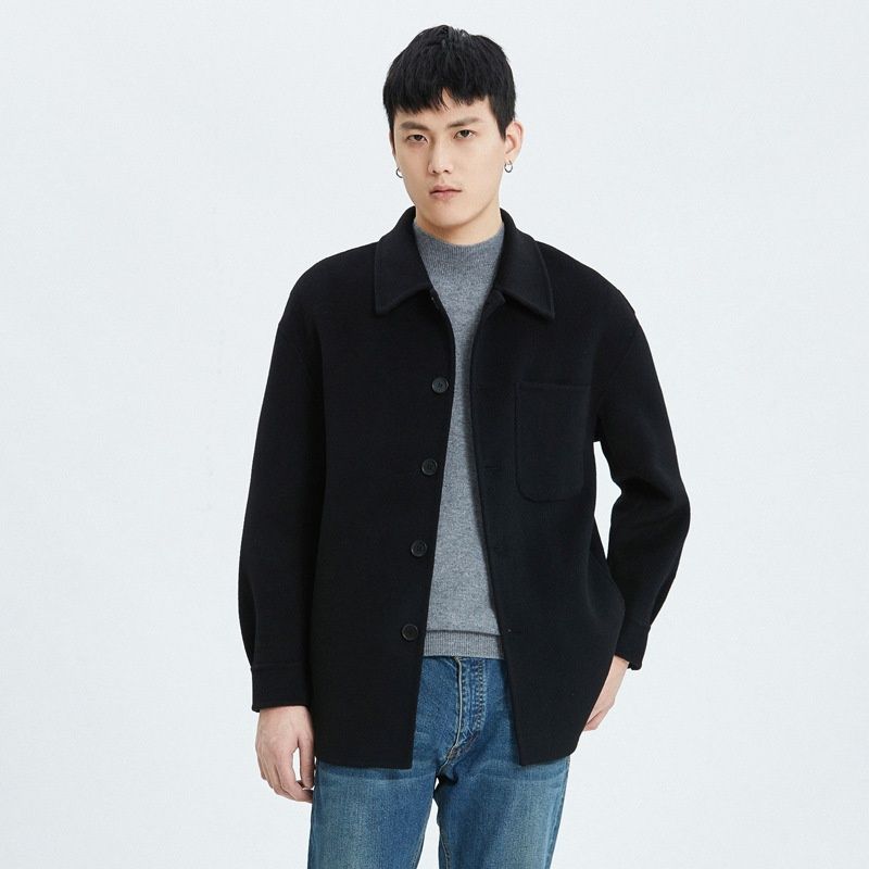 Pulse Autumn Winter New Style Turn-Down Collar Pure Woolen Men's Double-Sided Wool Cashmere Drop Shoulder Jacket Short Casual_viptrois.com
