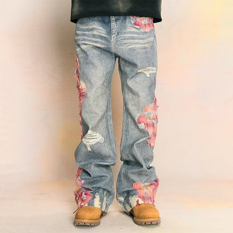 Men's Jeans High Quality American High Street Splicing Jeans Men's And Women's Spicy Pants Print_viptrois.com