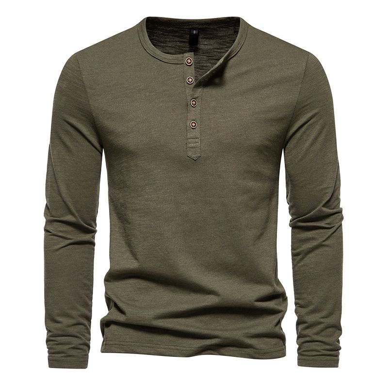 Men's Color Block Four Button Henry Long sleeved T-shirt D32_viptrois.com
