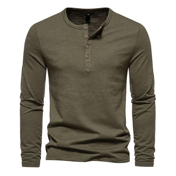 Men's Color Block Four Button Henry Long sleeved T-shirt D32_viptrois.com