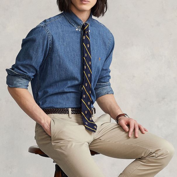 R Aff Pony Label Embroidery American Retro Men's Business Washed Denim Long Sleeve Spring Autumn Casual Shirt_viptrois.com