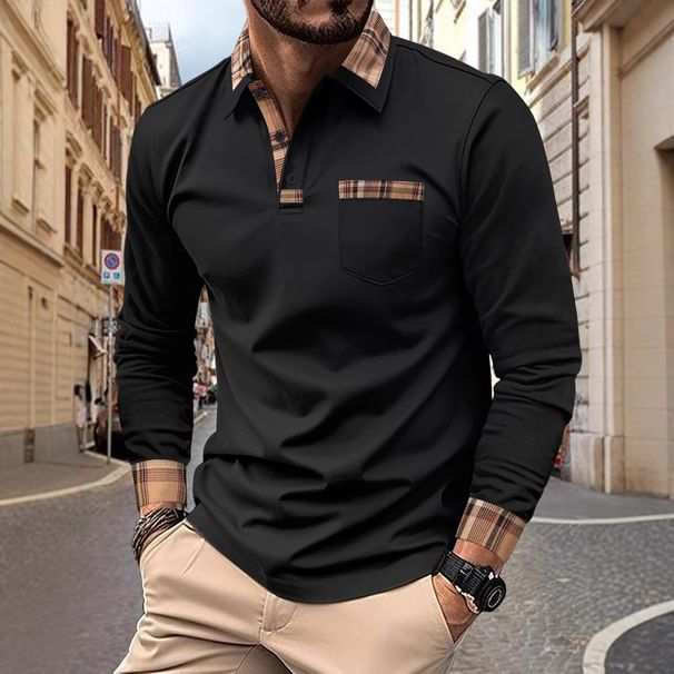 Men's Clothing Men's Daily Casual Solid Color Patchwork Interface Pocket Lapel Long Sleeved Polo Shirt_viptrois.com