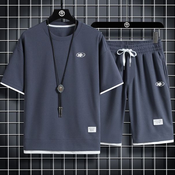 Men's Clothing Waffle Sportswear Casual Suit For Men, OOO Featuring 3D Star Print, Loose Fitting Faux Two Piece Short Sleeved Shirt And Shorts._viptrois.com