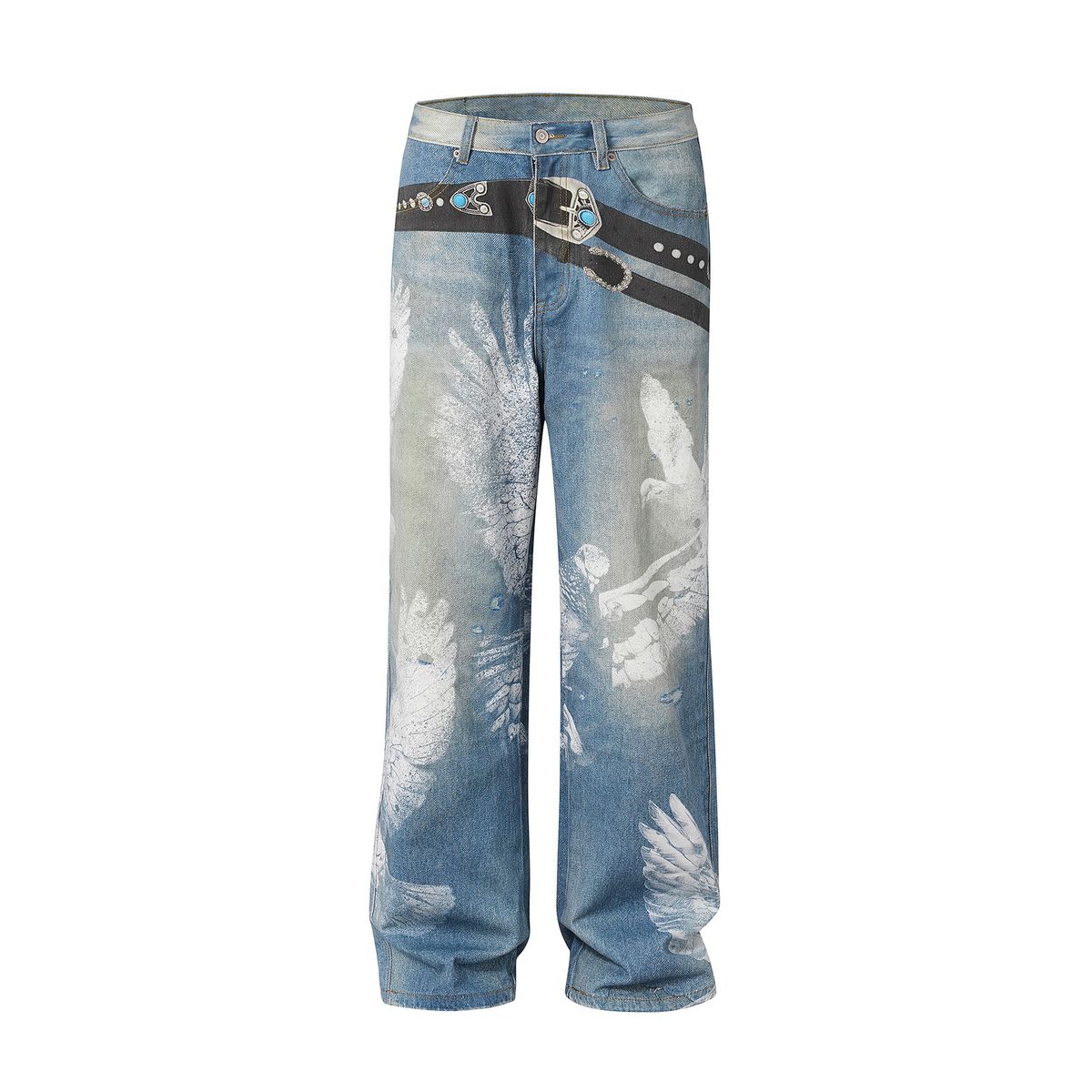 Men's Clothing High Street Three Dimensional Cutting Washed Wide Leg Digital Printing Pattern Overalls Jeans_viptrois.com