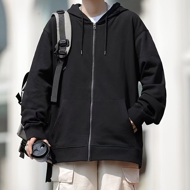 Pulse Autumn Cardigan Zipper Sweatshirt Men Solid Color Jacket Youth Hooded Thin Loose Simple Casual Top_viptrois.com