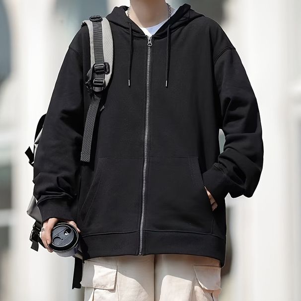 Pulse Autumn Cardigan Zipper Sweatshirt Men Solid Color Jacket Youth Hooded Thin Loose Simple Casual Top_viptrois.com
