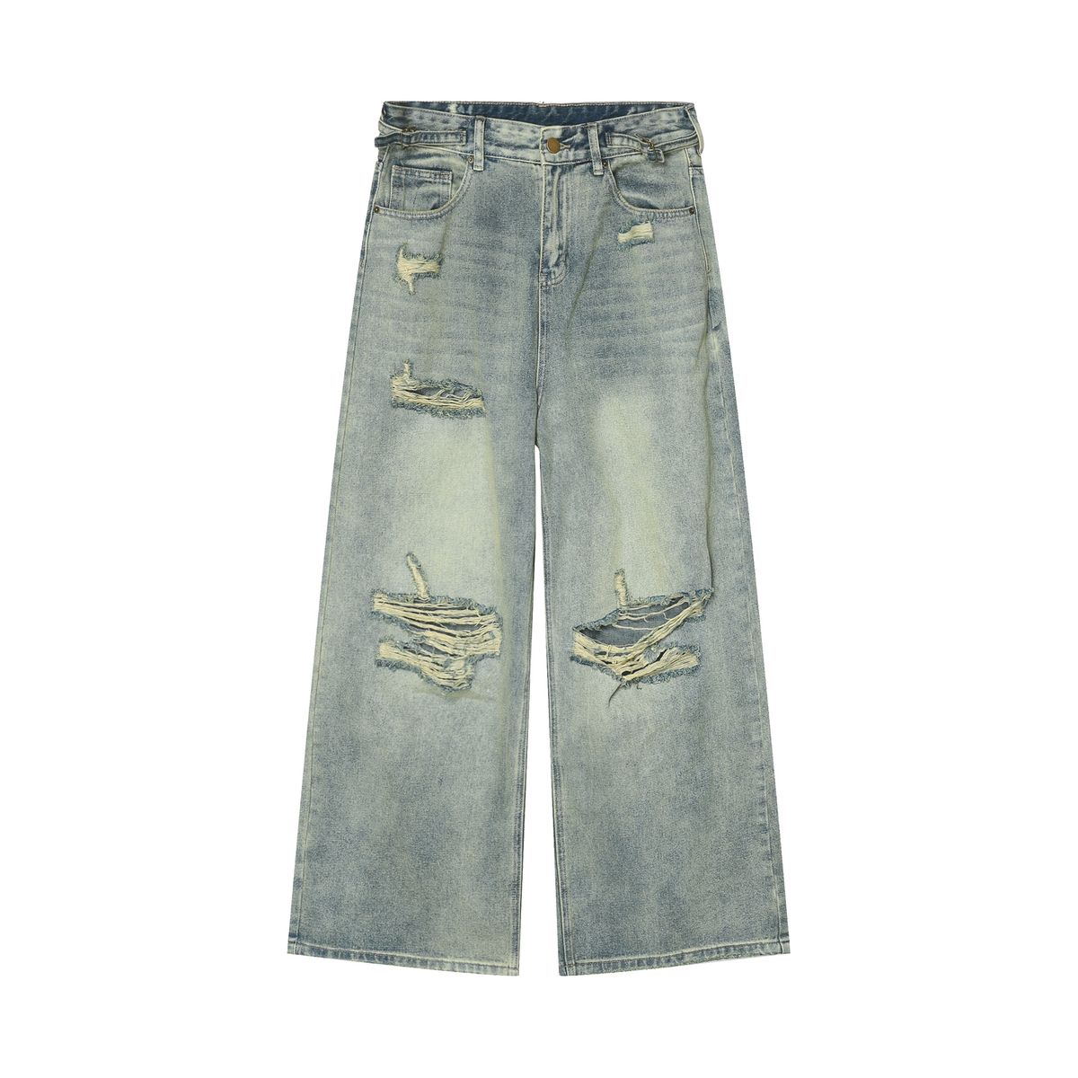 Men's Clothing Denim Ripped Jeans Washed And Distressed Retro Loose Wide Leg Trousers_viptrois.com