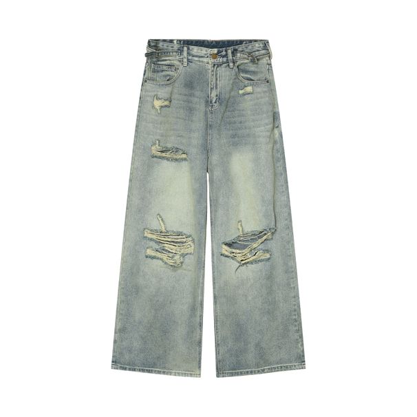 Men's Clothing Denim Ripped Jeans Washed And Distressed Retro Loose Wide Leg Trousers_viptrois.com