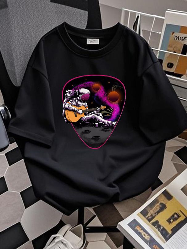 An Astronaut Playing Guitar Space Rock Mens Cotton T-Shirt Tee Top Stylish Stretched Versatile Designer Clothes Fashion Graphic Homme Casual_viptrois.com
