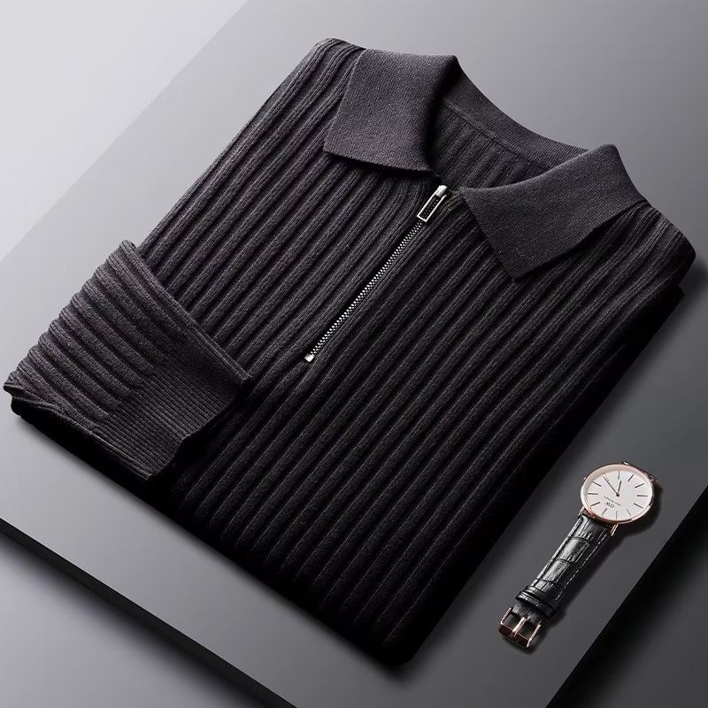 1 Autumn Winter Casual Men New Versatile Business Retro Turn-down Collar Sweater Solid Color Zipper Warm Long Sleeve_viptrois.com