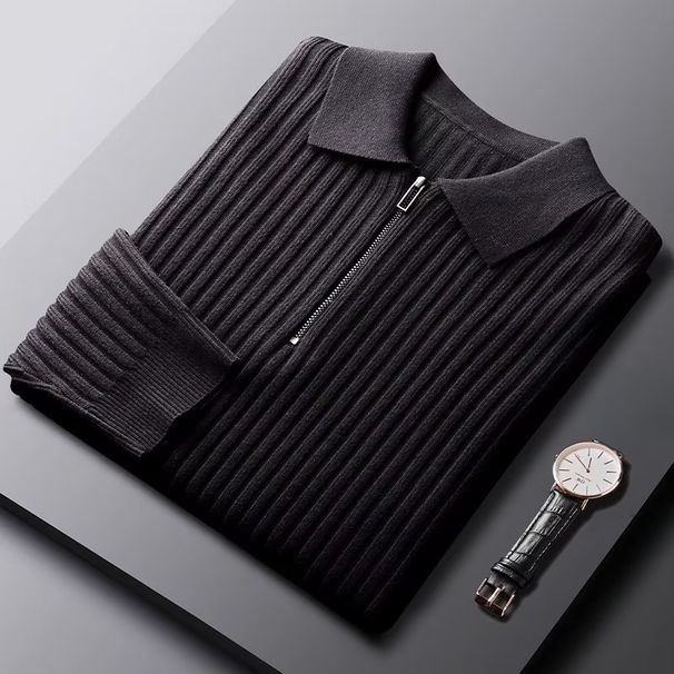 1 Autumn Winter Casual Men New Versatile Business Retro Turn-down Collar Sweater Solid Color Zipper Warm Long Sleeve_viptrois.com