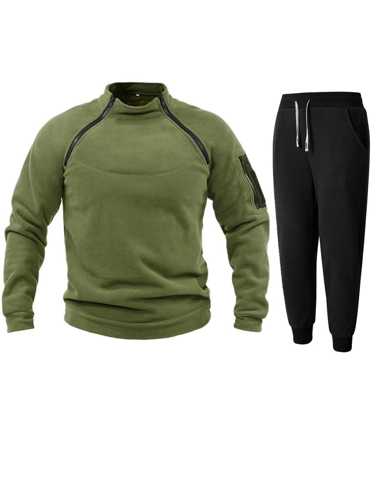 Men's Stand Collar Fleece Tracksuit Set - Soft Coral Fleece Zip-Up Jacket & Joggers For Casual & Streetwear (White, Blue, Gray, Olive, Black)_viptrois.com