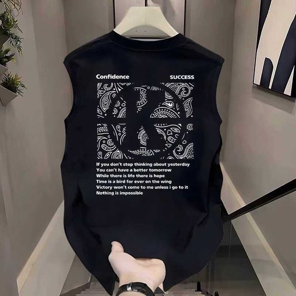 Heavyweight Pure Cotton Sleeveless Tank Top For Men, Summer American Style Trendy Brand, Printed Back Design, Casual_viptrois.com