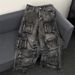 Men's Clothing High Street Heavy Washed Multi Pocket Workwear Jeans For Men And Women Loose American Straight Loose Wide Leg Mopping Trousers_viptrois.com