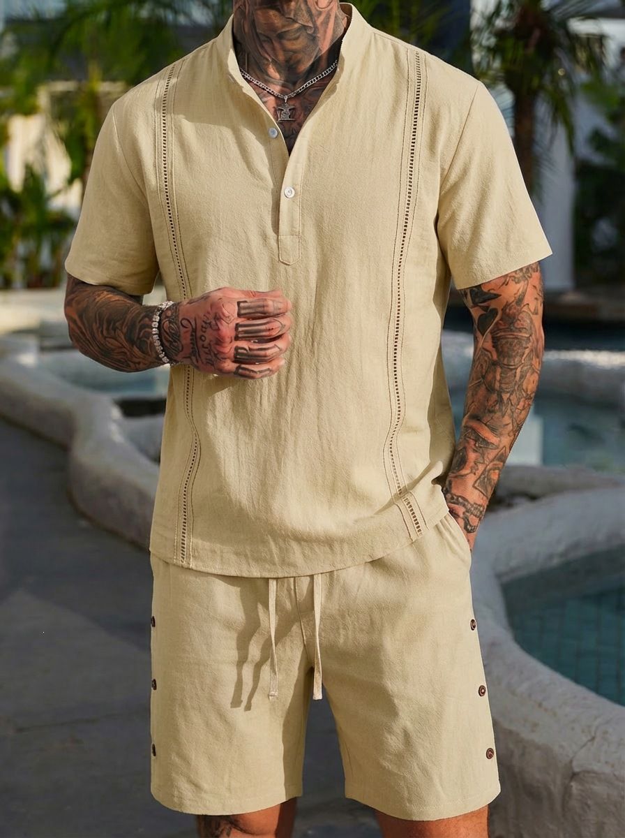 Men's Short Sleeved Henley Collar Cotton Linen Shirt And Shorts Set Solid Color Cuban Guayabella Popular Style_viptrois.com