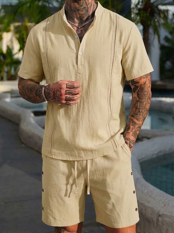 Men's Short Sleeved Henley Collar Cotton Linen Shirt And Shorts Set Solid Color Cuban Guayabella Popular Style_viptrois.com