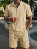 Men's Short Sleeved Henley Collar Cotton Linen Shirt And Shorts Set Solid Color Cuban Guayabella Popular Style_viptrois.com