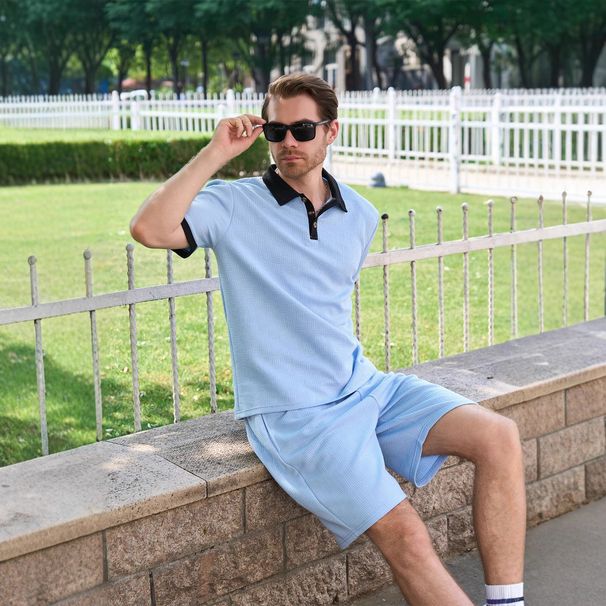 Men's Summer Jacquard Heavy Small Plaid Casual Lapel Color Matching Short Sleeved T Shirt Shorts Suit_viptrois.com