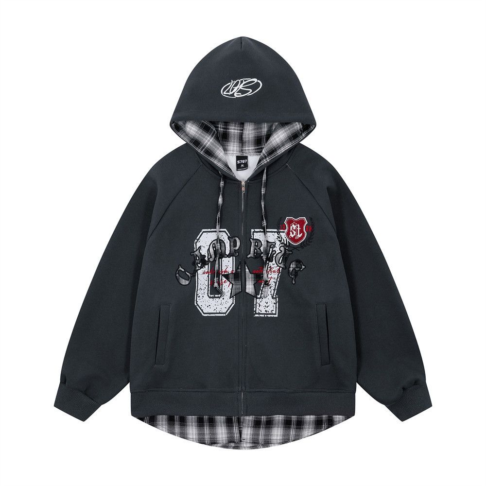 Two-Piece Pachwork Plaid Hooded Cardigan Sweashir Men's Trendy Brand Five-Poined Sar Leer Loose Casual_viptrois.com