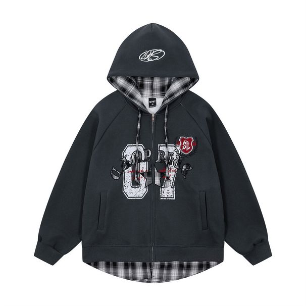 Two-Piece Pachwork Plaid Hooded Cardigan Sweashir Men's Trendy Brand Five-Poined Sar Leer Loose Casual_viptrois.com