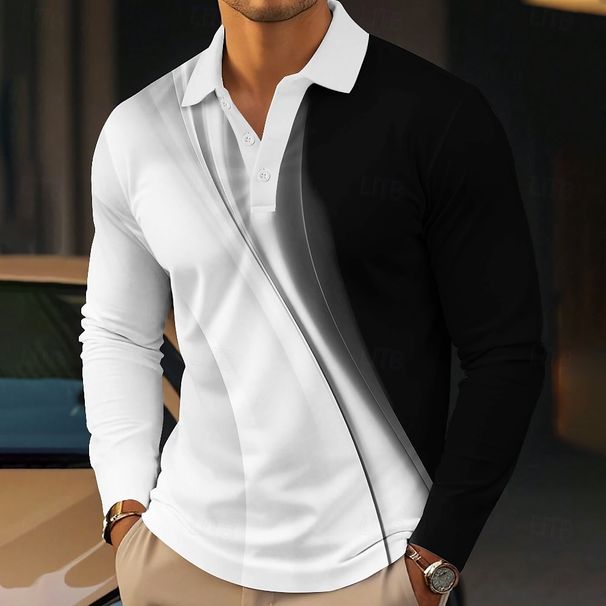 Moda Policromada Gradiente Geométrico Estampado 3D Hombres Polo De Manga Larga Camiseta Hip Hop Tendencia Ropa De Calle Casual Solapa Ropa Tops_viptrois.com