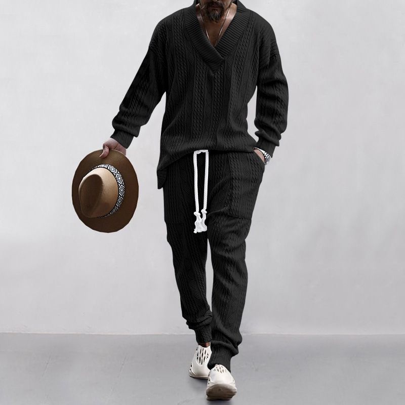 Men's Clothing men's casual trousers V neck versatile jacquard sweater men's autumn suit_viptrois.com