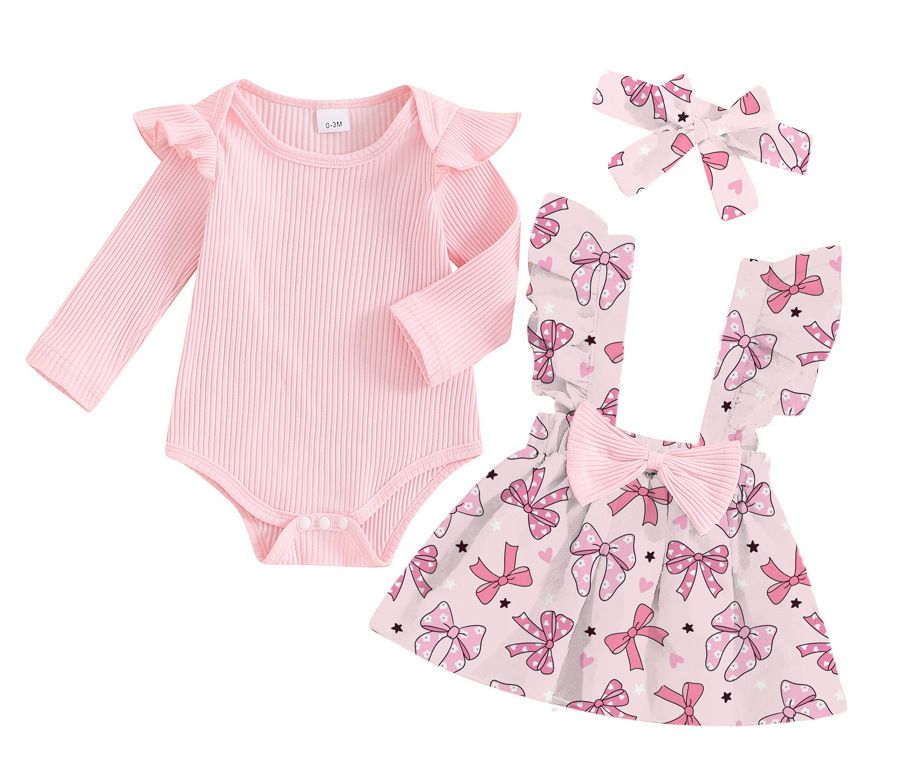 "3-Piece Baby Girl Dress Set With Ruffled Sleeves, Bow Details & Overalls – Soft Cotton Knit, Cute Animal & Floral Prints (80-100cm, 1-3 Years)"_viptrois.com