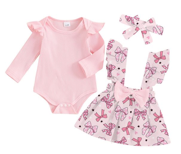 "3-Piece Baby Girl Dress Set With Ruffled Sleeves, Bow Details & Overalls – Soft Cotton Knit, Cute Animal & Floral Prints (80-100cm, 1-3 Years)"_viptrois.com