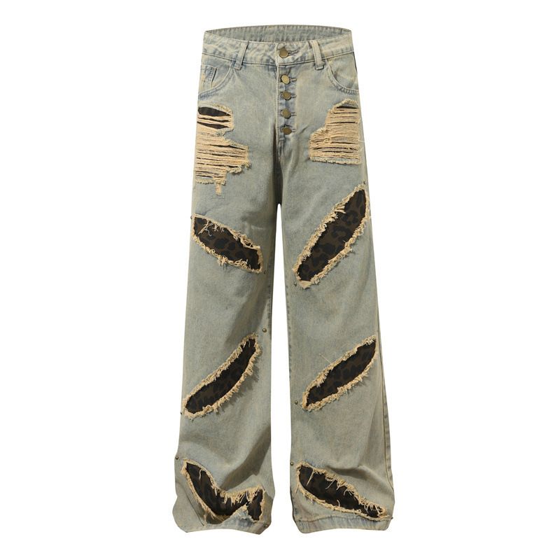 Men's Clothing Wasteland Style Full Print Distressed Print Jeans American Street Style Ripped Design Cow Retro Wide Leg Mopping Pants_viptrois.com