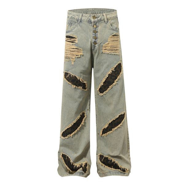 Men's Clothing Wasteland Style Full Print Distressed Print Jeans American Street Style Ripped Design Cow Retro Wide Leg Mopping Pants_viptrois.com