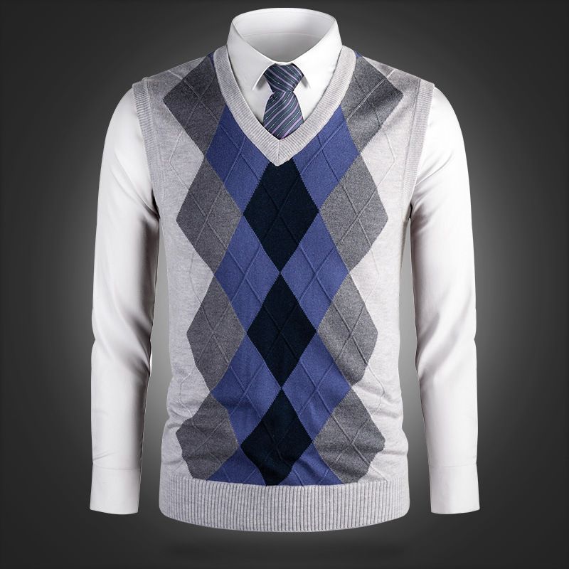 Men's Wool Blend V-Neck Sleeveless Vest - Classic Check & Camo Patterns, Slim Fit, Casual & Versatile Pullover Sweater Vest For Autumn_viptrois.com