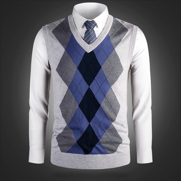 Men's Wool Blend V-Neck Sleeveless Vest - Classic Check & Camo Patterns, Slim Fit, Casual & Versatile Pullover Sweater Vest For Autumn_viptrois.com