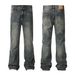 11Kn American Denim Street Trendy Men's Loose Straight With Worn-Out Feet, Washed Water Casual Wide Leg Pants_viptrois.com