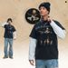 American-style Washed Faux Two-piece Printed Distressed 300g T-shirt For Men, Loose Casual Long-sleeve Vintage_viptrois.com