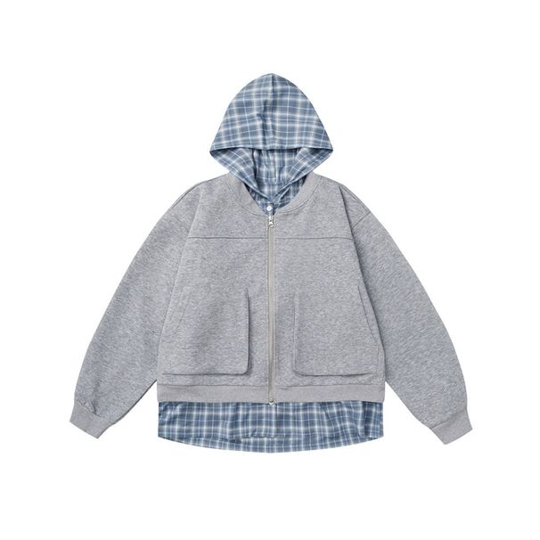 Two-Piece Hooded Cardigan Sweatshirt For Men Trendy Color-Block Patchwork Plaid Hat Design Sense Personality Loose_viptrois.com