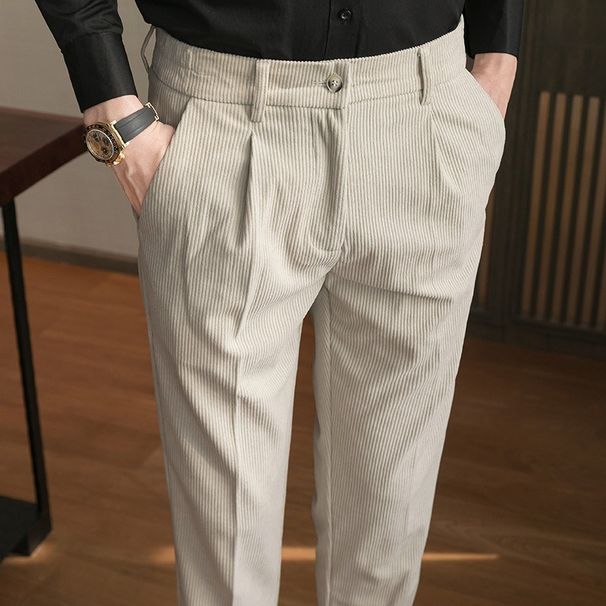 Men's Corduroy Pants Slim Fit Casual Trousers – Korean-Inspired Straight Leg Style (28-36, Brown/Black/Khaki/Gray/Blue, Lightweight )_viptrois.com