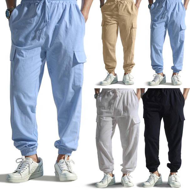 Men's Casual Multi Pocket Trousers Closed Collar Tie Cotton And Linen Straight Leg Pants_viptrois.com