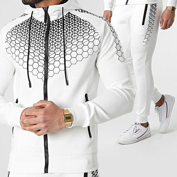 New Sportswear Men's Zippered Hooded Jacket With Honeycomb Print Casual Hoodie And Pants Set_viptrois.com