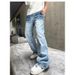 Vintage Washed Cracked Jeans For Men & Women – Relaxed Fit Light Blue Straight Leg High Street Casual Pants_viptrois.com