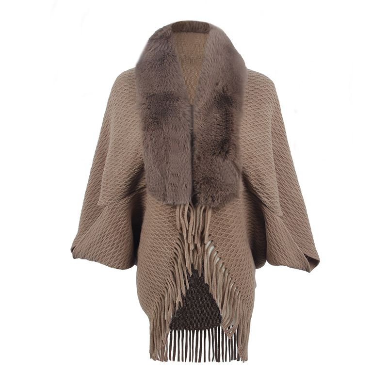 Wool-neck knitted tassel cape coat women with a fashion cape_viptrois.com